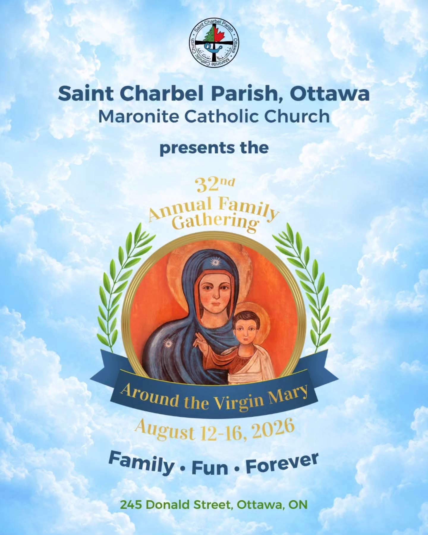 Poster for the 32nd Annual Family Gathering Around the Virgin Mary, August 12 to 16, 2026