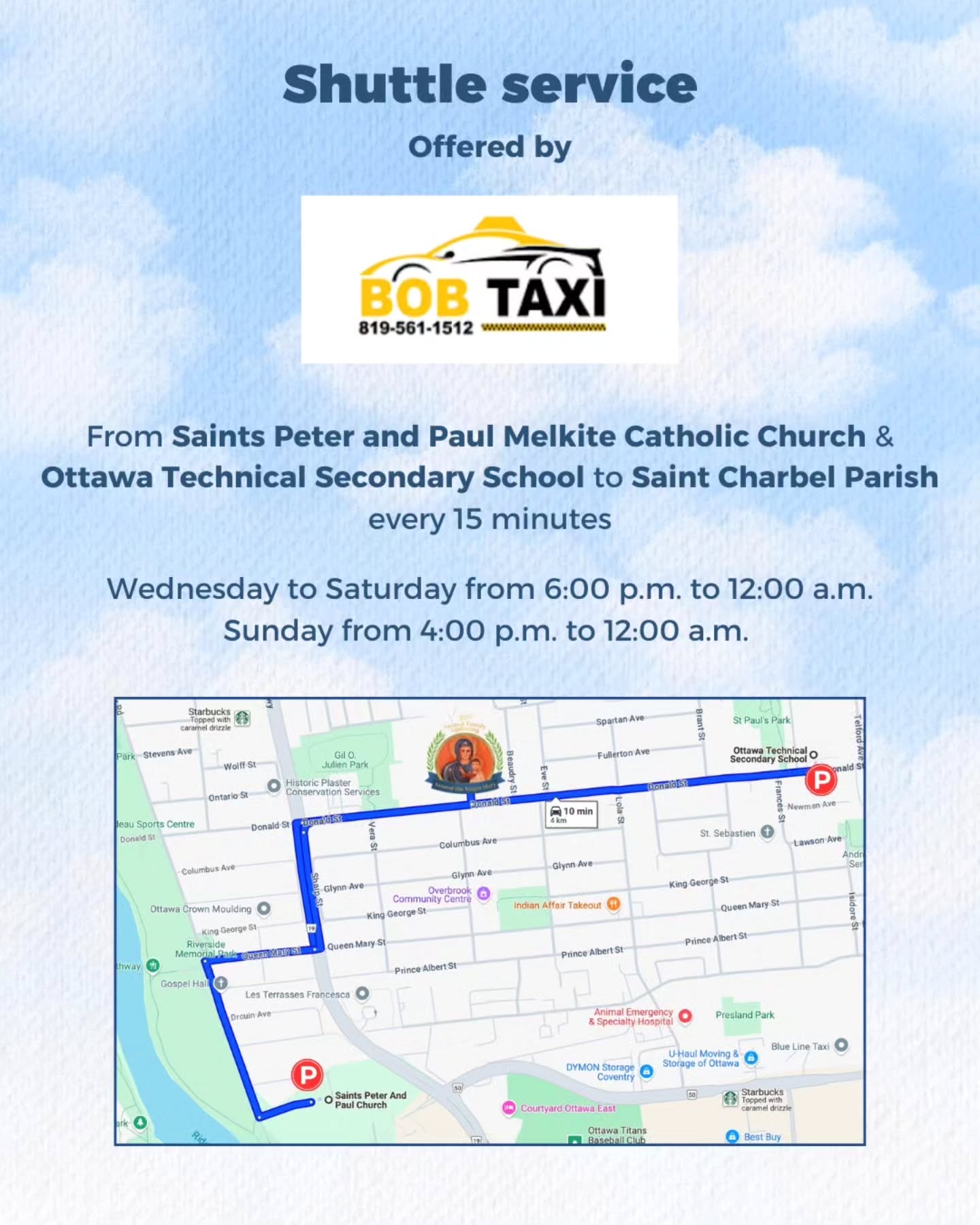 BOB Taxi shuttle service information and route map for the Annual Family Gathering